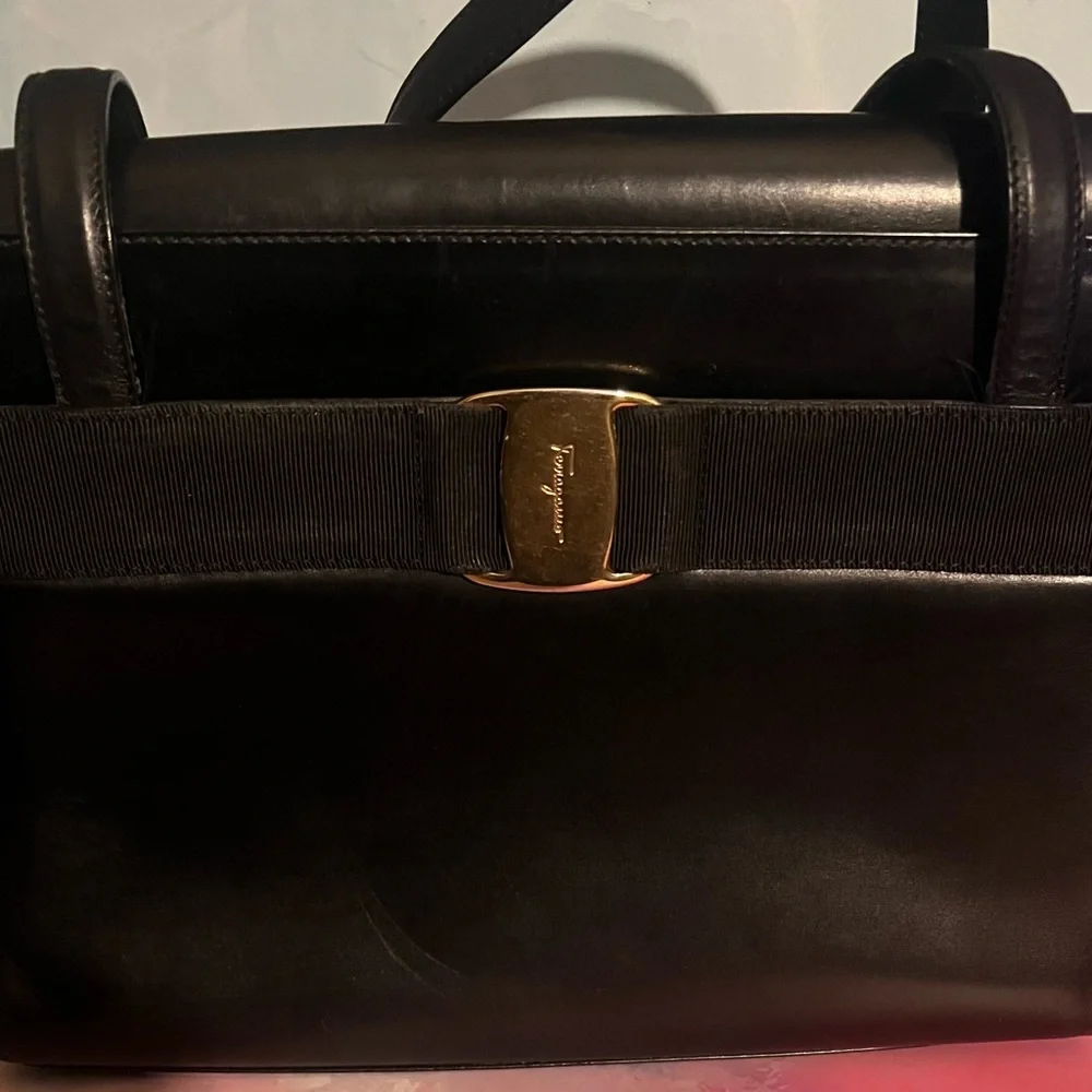 Salvatore Ferragamo Black Leather Top-Handle Bag with Gold Hardware